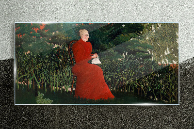 Glasbild Roter Mantel im Garten