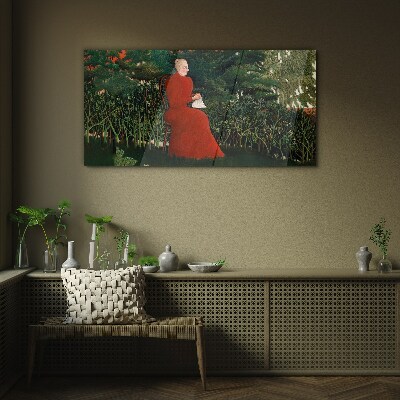 Glasbild Roter Mantel im Garten