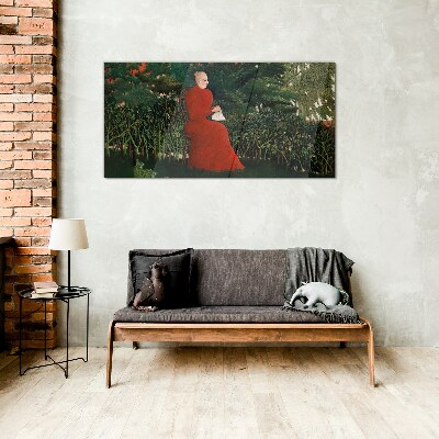 Glasbild Roter Mantel im Garten