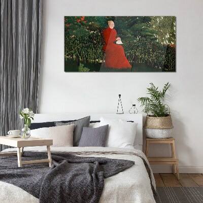 Glasbild Roter Mantel im Garten