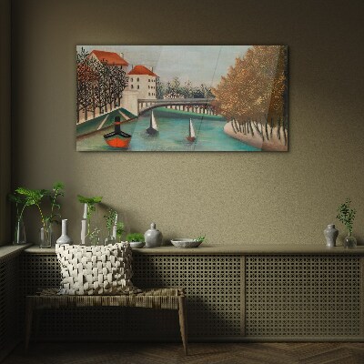 Glasbild Eine friedliche Landschaft mit Booten