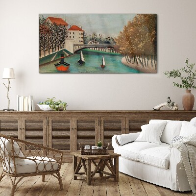 Glasbild Eine friedliche Landschaft mit Booten