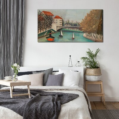 Glasbild Eine friedliche Landschaft mit Booten