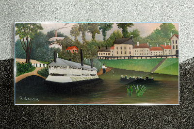 Glasbild Ein ruhiger Hafen mit einem Dampfer