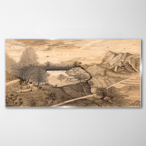 Glasbild Landschaft mit Brücke und Bäumen