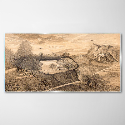 Glasbild Landschaft mit Brücke und Bäumen
