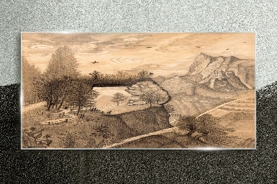 Glasbild Landschaft mit Brücke und Bäumen