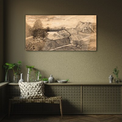 Glasbild Landschaft mit Brücke und Bäumen