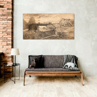 Glasbild Landschaft mit Brücke und Bäumen