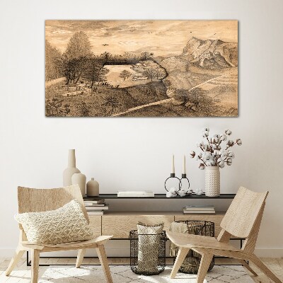 Glasbild Landschaft mit Brücke und Bäumen