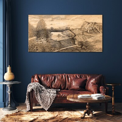 Glasbild Landschaft mit Brücke und Bäumen