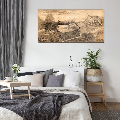 Glasbild Landschaft mit Brücke und Bäumen