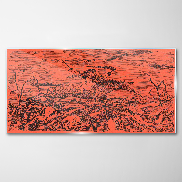 Glasbild Reiter auf feuriger Landschaft