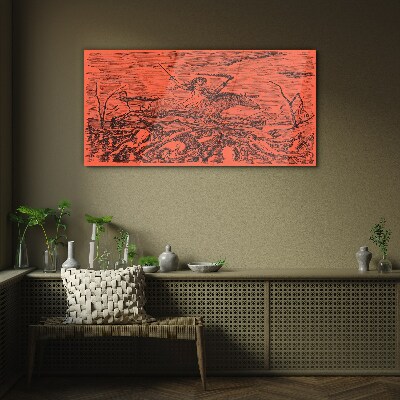 Glasbild Reiter auf feuriger Landschaft