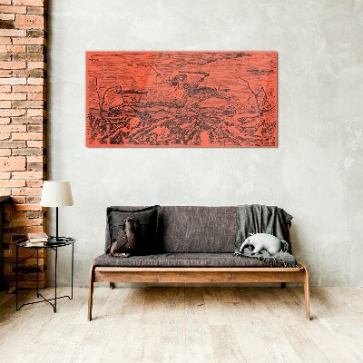 Glasbild Reiter auf feuriger Landschaft