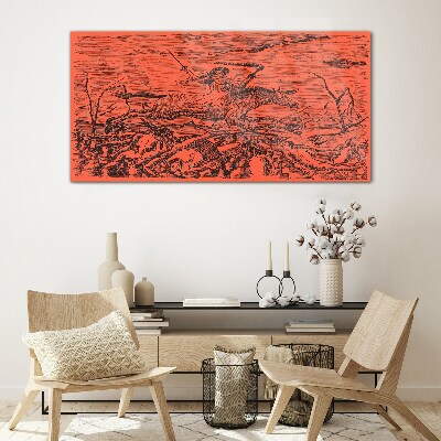 Glasbild Reiter auf feuriger Landschaft