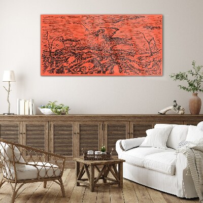 Glasbild Reiter auf feuriger Landschaft