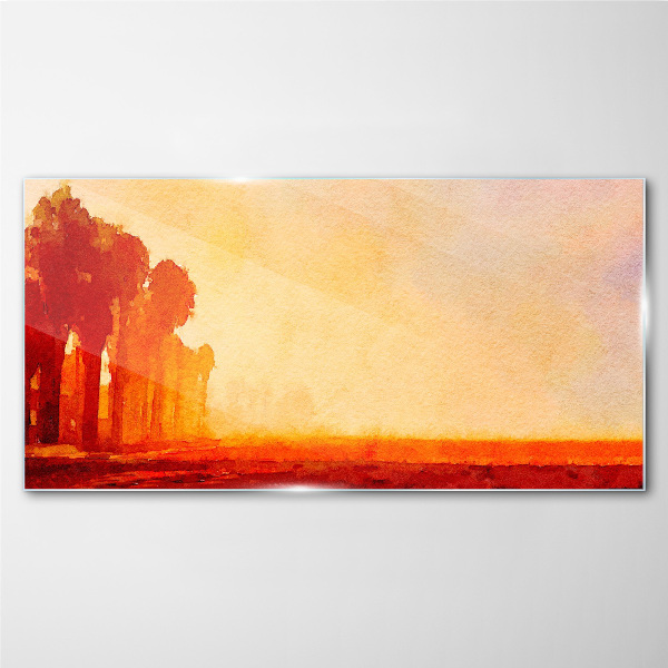 Glasbild Sonnenuntergang hinter den Palmen