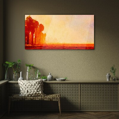 Glasbild Sonnenuntergang hinter den Palmen