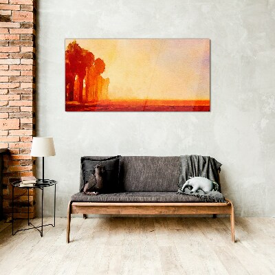 Glasbild Sonnenuntergang hinter den Palmen