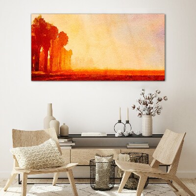 Glasbild Sonnenuntergang hinter den Palmen