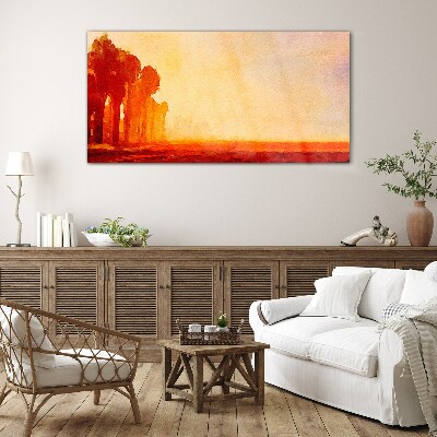 Glasbild Sonnenuntergang hinter den Palmen
