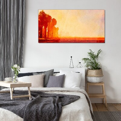Glasbild Sonnenuntergang hinter den Palmen