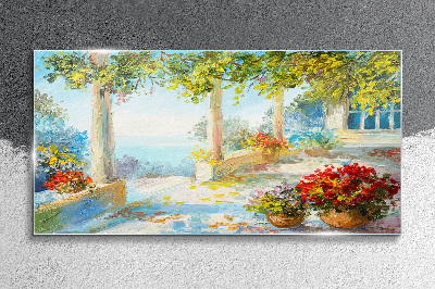 Glasbild Frühlingslandschaft mit Blumen