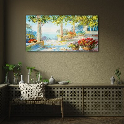 Glasbild Frühlingslandschaft mit Blumen