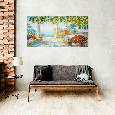 Glasbild Frühlingslandschaft mit Blumen
