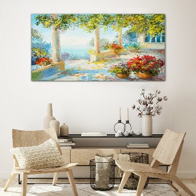 Glasbild Frühlingslandschaft mit Blumen