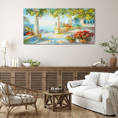 Glasbild Frühlingslandschaft mit Blumen