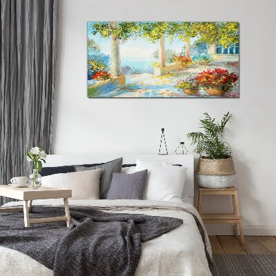 Glasbild Frühlingslandschaft mit Blumen