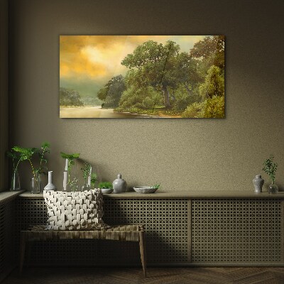 Glasbild Goldenes Licht über einem ruhigen Fluss