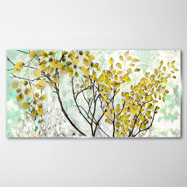 Glasbild Frühlingsblätter vor dem blauen Hintergrund