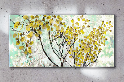Glasbild Frühlingsblätter vor dem blauen Hintergrund