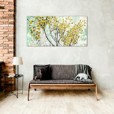 Glasbild Frühlingsblätter vor dem blauen Hintergrund