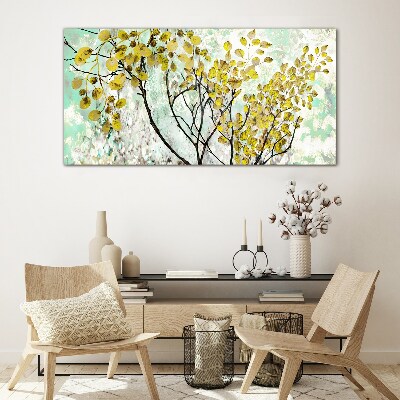 Glasbild Frühlingsblätter vor dem blauen Hintergrund
