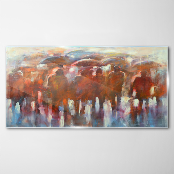 Glasbild Regnerische Szene mit Regenschirmen