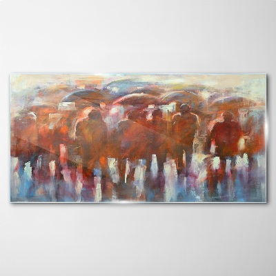 Glasbild Regnerische Szene mit Regenschirmen