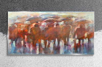 Glasbild Regnerische Szene mit Regenschirmen