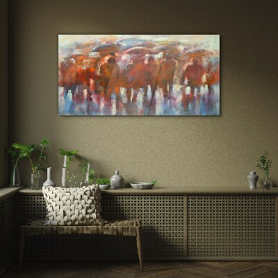 Glasbild Regnerische Szene mit Regenschirmen