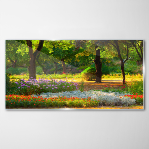 Glasbild Ein Blumenparadies im sonnigen Garten