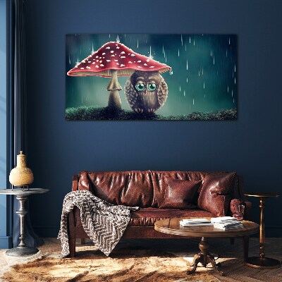 Glasbild Eine Eule unter einem Pilz im Regen