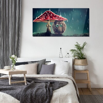 Glasbild Eine Eule unter einem Pilz im Regen
