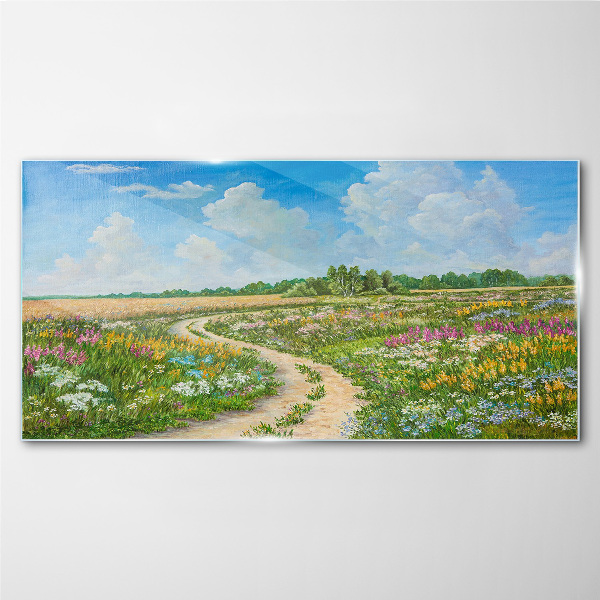 Glas bild Ein Blumenweg zwischen den Wiesen