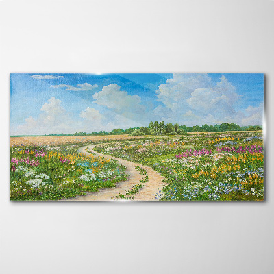 Glas bild Ein Blumenweg zwischen den Wiesen