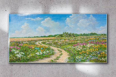 Glas bild Ein Blumenweg zwischen den Wiesen