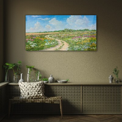 Glas bild Ein Blumenweg zwischen den Wiesen