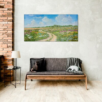 Glas bild Ein Blumenweg zwischen den Wiesen